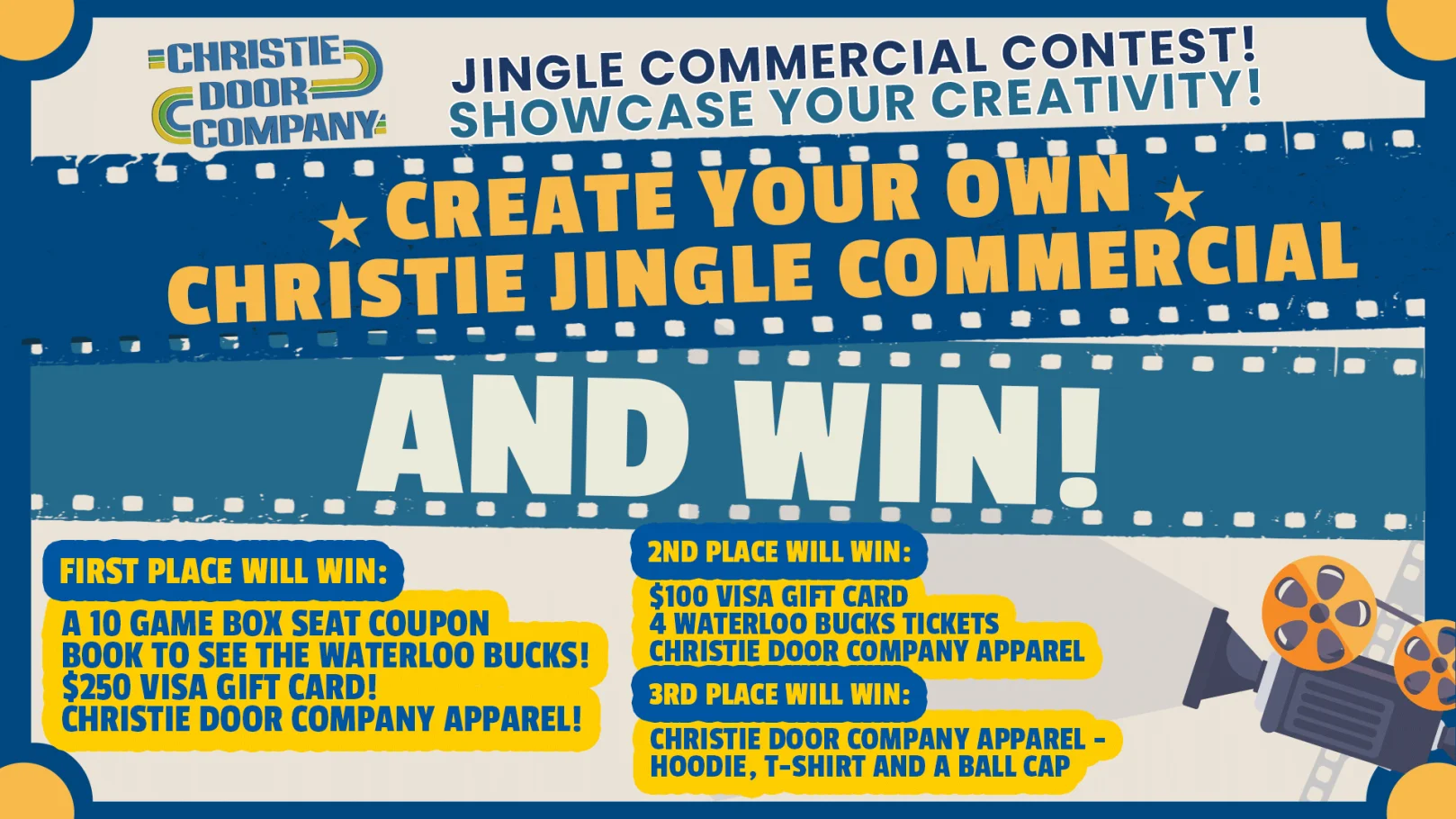 Christie Door Company Jingle Contest Web Page Cover photo - Different shades of blue film strip, yellow text "Enter now for your chance to win!"